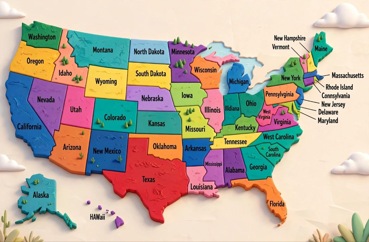 3D Isometric United States Map with Golden Location Pins