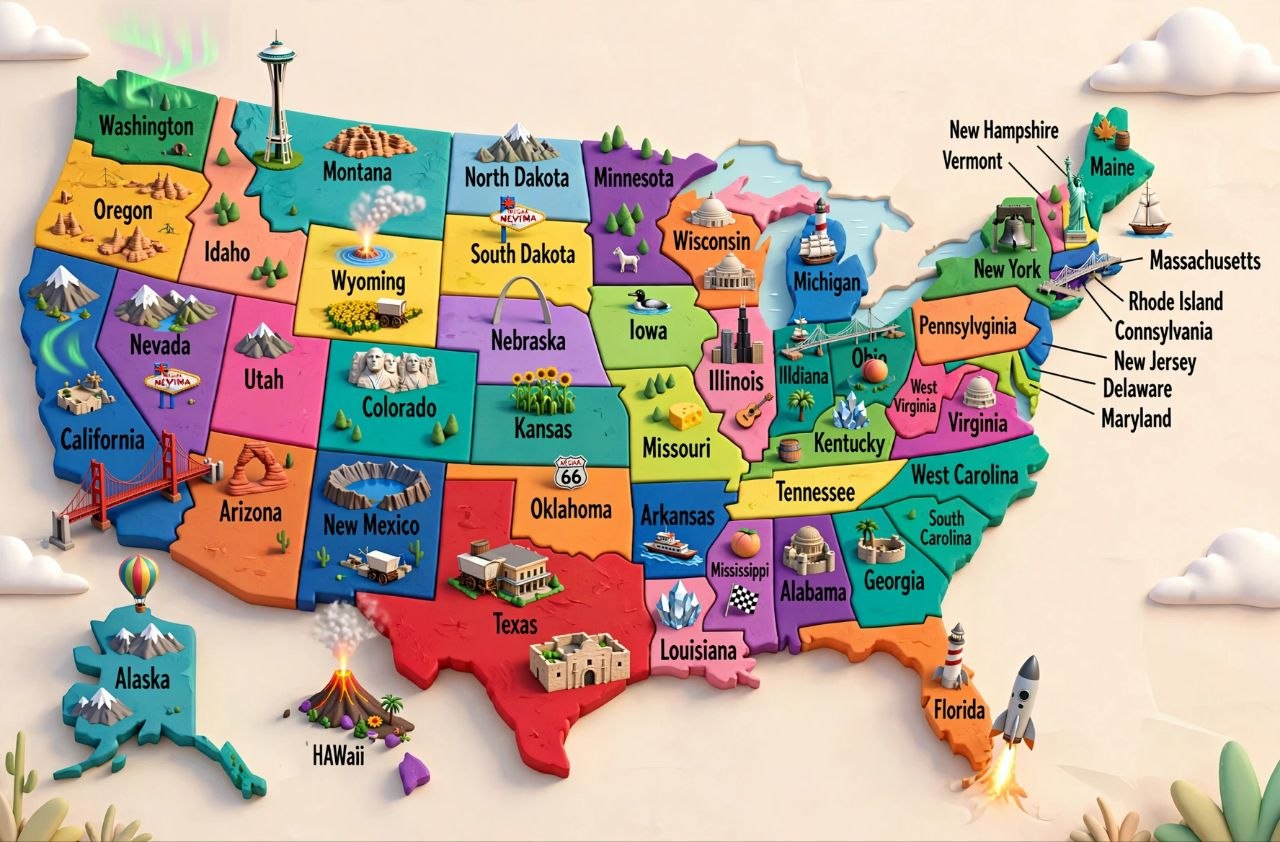 3D United States Map with Individual States Highlighted